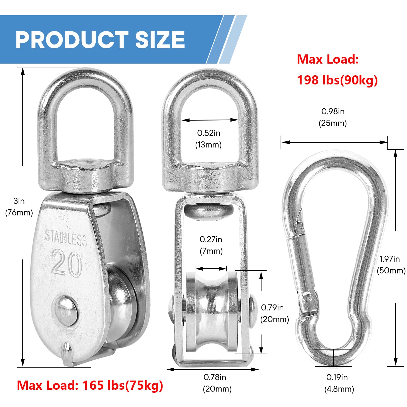 M20 - Set di 10 pulegge in acciaio inox 304 per fune metallica da traino, con 10 moschettoni a molla