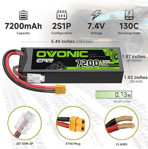 Miniatura 2 de OVONIC 2S LiPo Batería 7200mAh 7.4V 130C RC Batería con XT60 a TRA conector 2 baterías en 1 paquete