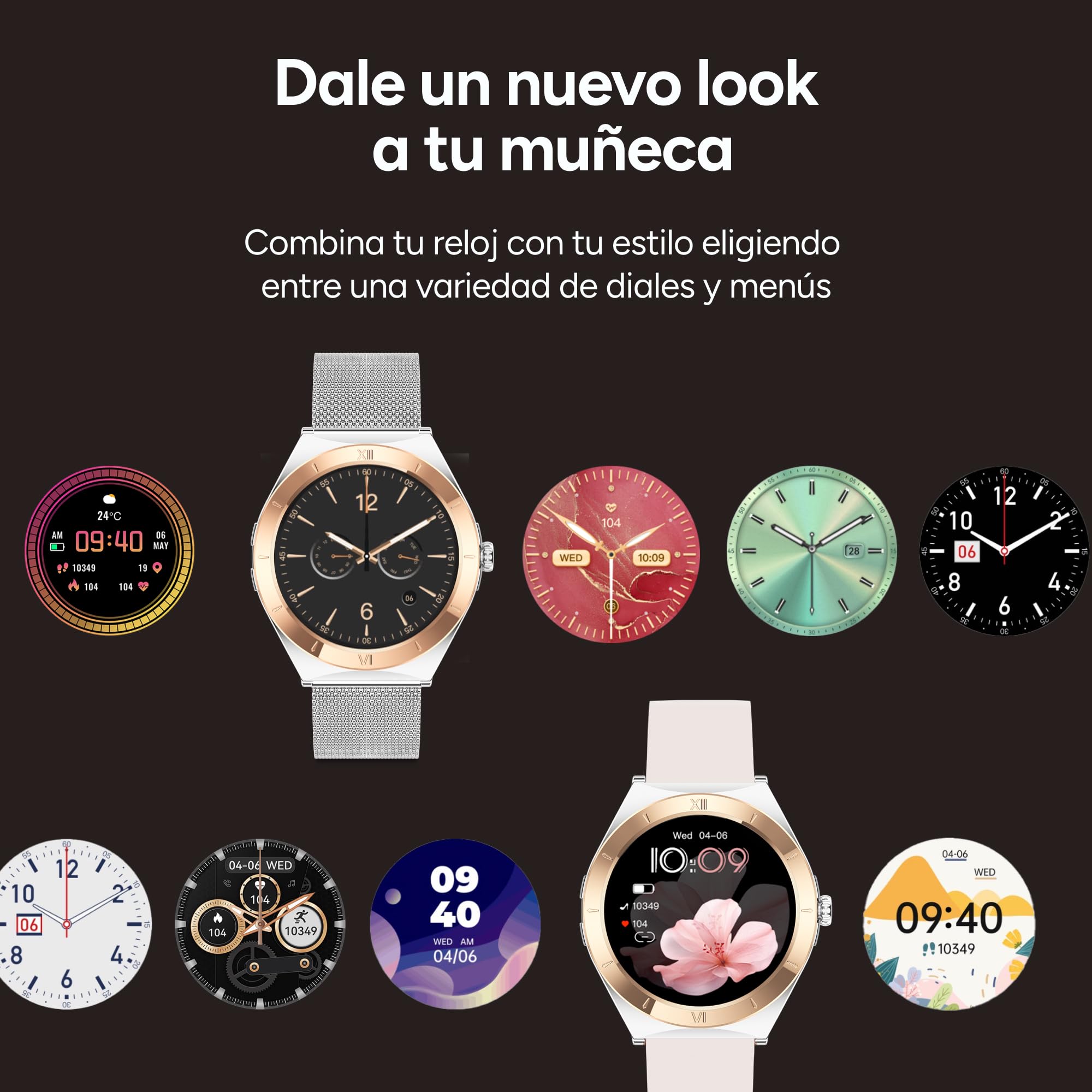 KSIX LYA Go Smartwatch Mujer, Pantalla AMOLED 1.19", Autonomía 5 días, Modos Deporte y Salud, Notificaciones, Llamadas, Asistente de Voz, 2 Correas Metal y Silicona - Plata y Beige