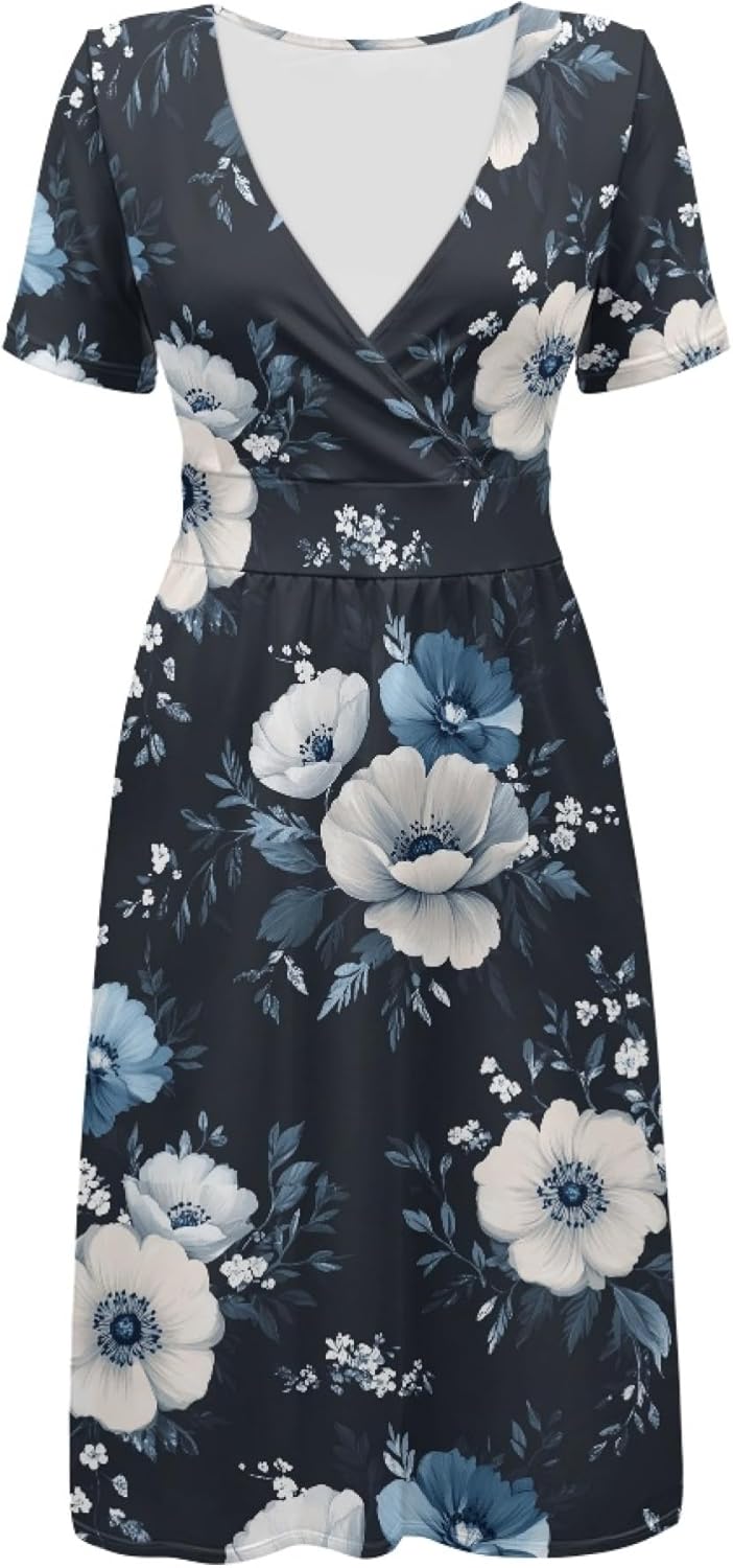 Women 2025 Floral Print Dresses Short Sleeve V Neck Empire Waist Mini Casual Dress Swing Flowy Sun Dress - Image 3