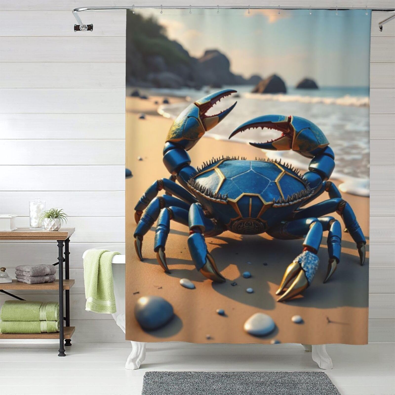 Rideau de douche salle de bain crabe bleu 152x183 cm tissu opaque