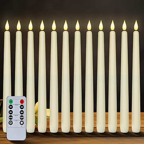 Homemory 12 velas cónicas sin llama con temporizador remoto, velas cónicas marfil de 11 pulgadas, funciona con pilas, candelabros LED de plástico