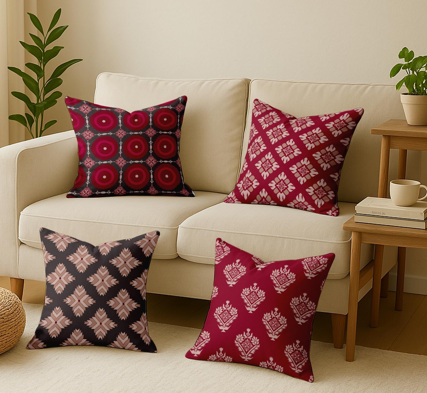 Set of 4 16x16 Inch Pillow Covers - 100% Cotton, Decorative Geometric Print, Double-Sided Print with Concealed Zipper - Filler Not Included - Crimson