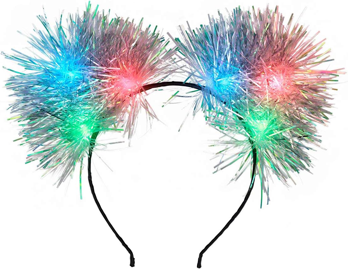 Light Up Tinsel Kitty Cat Ear Headband with Color Change LED Lights