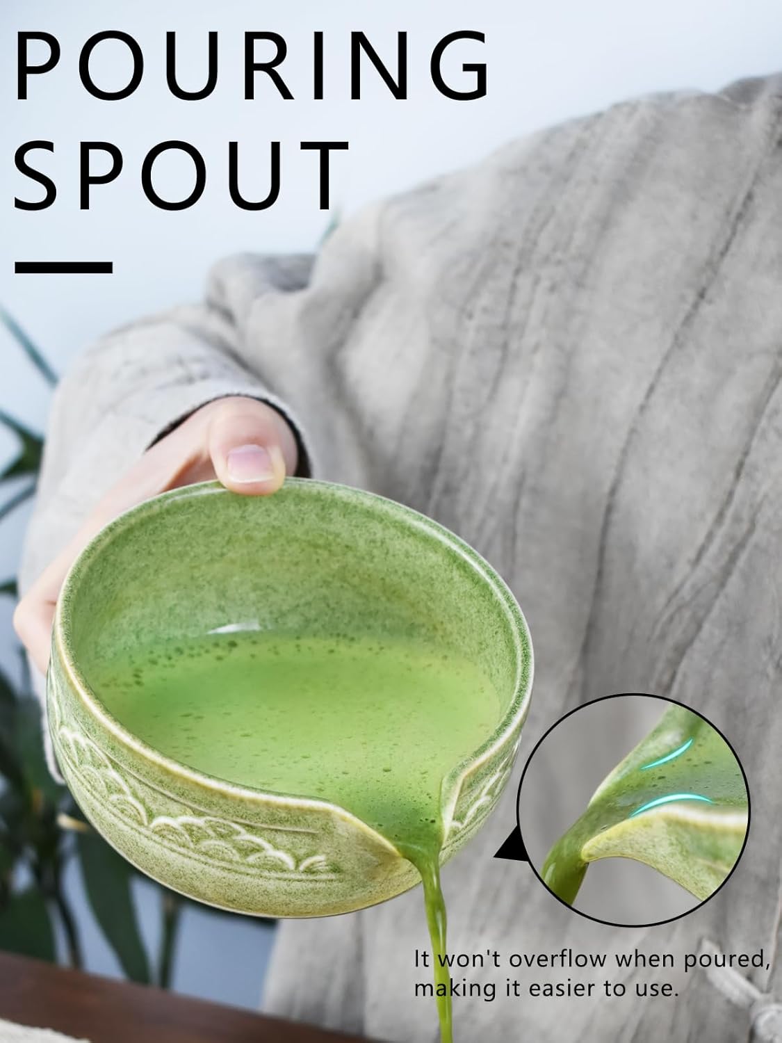 Artcome Matcha Tea Set with Pouring Spout - Green Ceramic Matcha Bowl, Bamboo Whisk, Whisk Holder, Tea Scoop & Matcha Tea Manual for Traditional Japanese Tea Ceremony - Ideal for Gift - Deep Green - Image 6