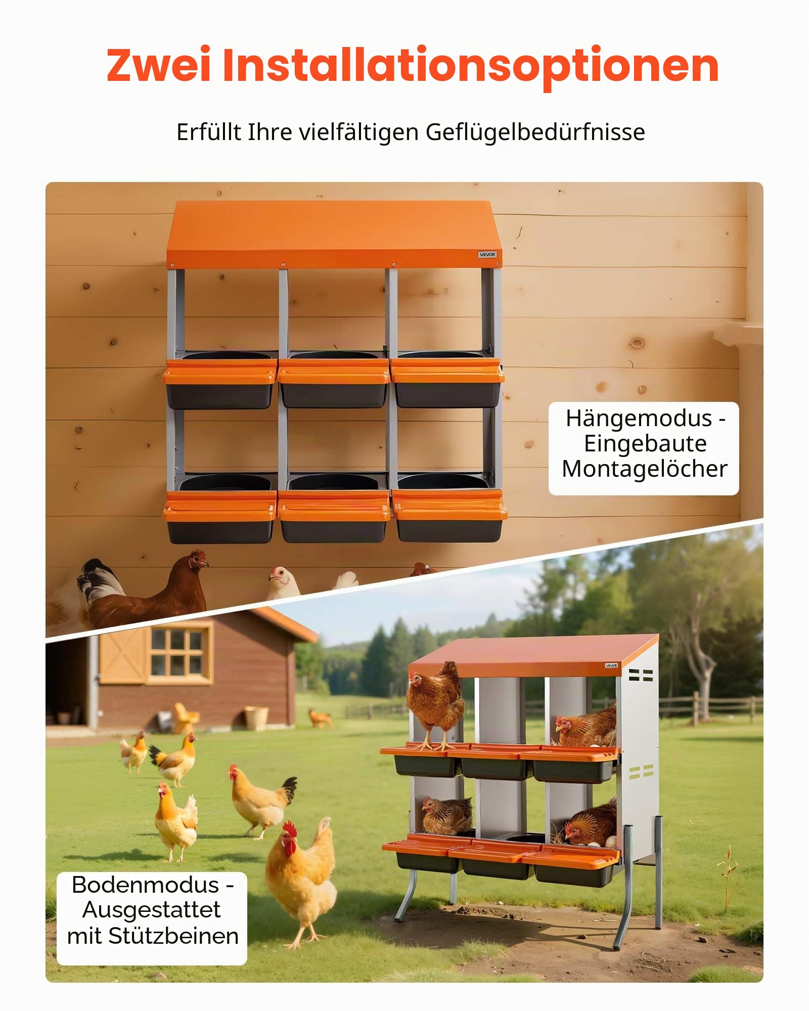 VEVOR 2-stöckiges Legenest 795x525x990 mm, 6 Fächer, Hühnernest aus Metall mit Stützbeinen, Geflügelnester, Abrollnest, ideal für Hennen, Enten, Hühner & anderes Geflügel, Orange