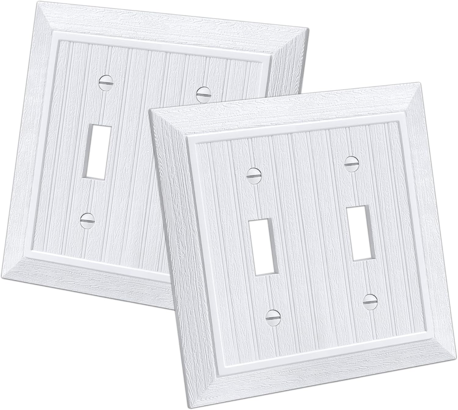 CML Classic Double Toggle Light Switch Wall Plate, 2-Gang Outlet Covers, Vintage Retro Wood Grain Design, Standard Size 4.95”X 4.87”, Impact Resistant, 2-Pack, White