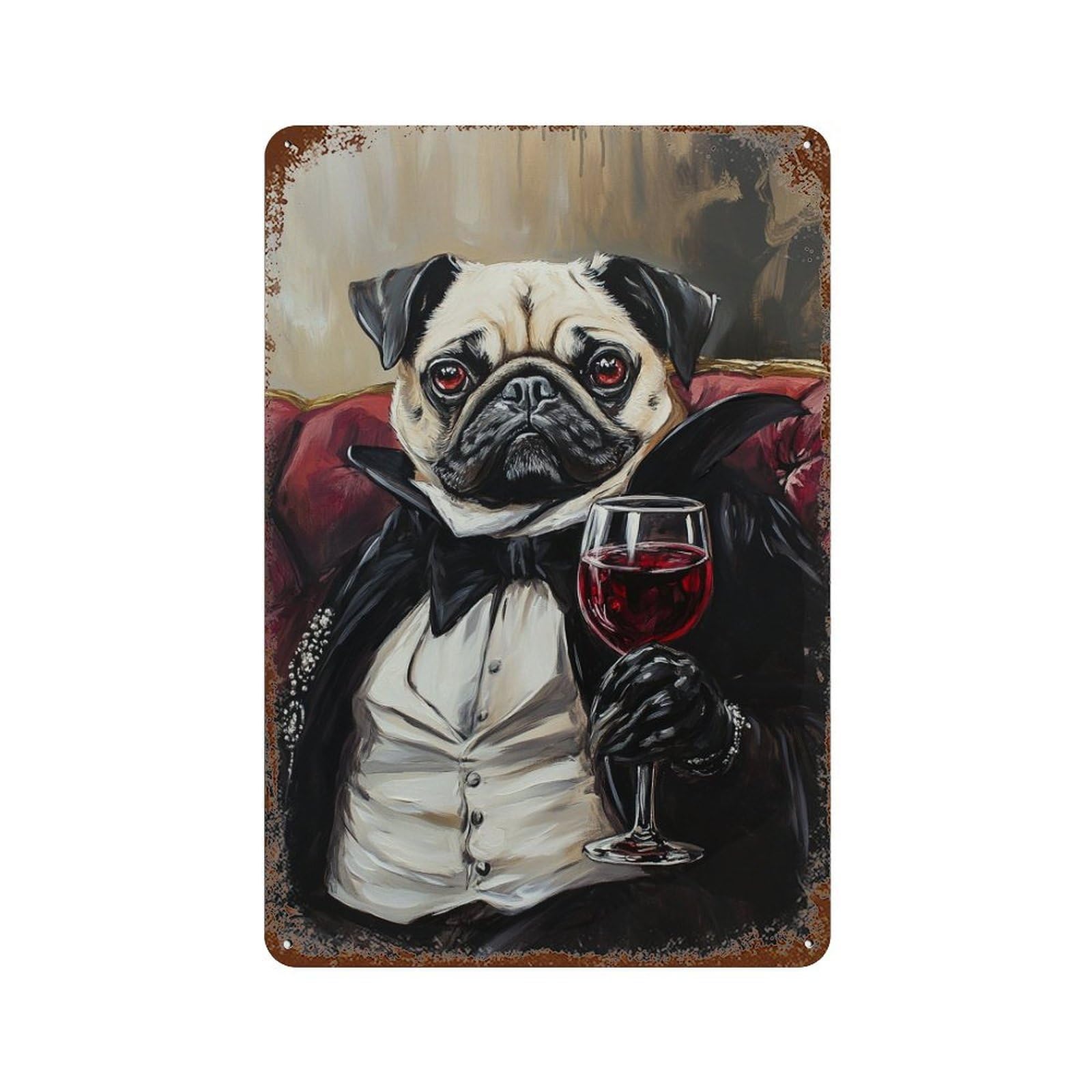 Garage Style Chic Pug with Red Wine Glass Rust Effect Tin Sign 11.8"x7.9", Rustic Home Decor for Bar And Workshop