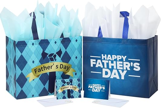 YANGTE 2 Pack 13" Fathers Day Gift Bags with Tissue Paper, Medium Gift Bags for Men Dad Father Grandpa, Happy Fathers Day Party Favor Supplies, 12.8"x10.2"x6.3"