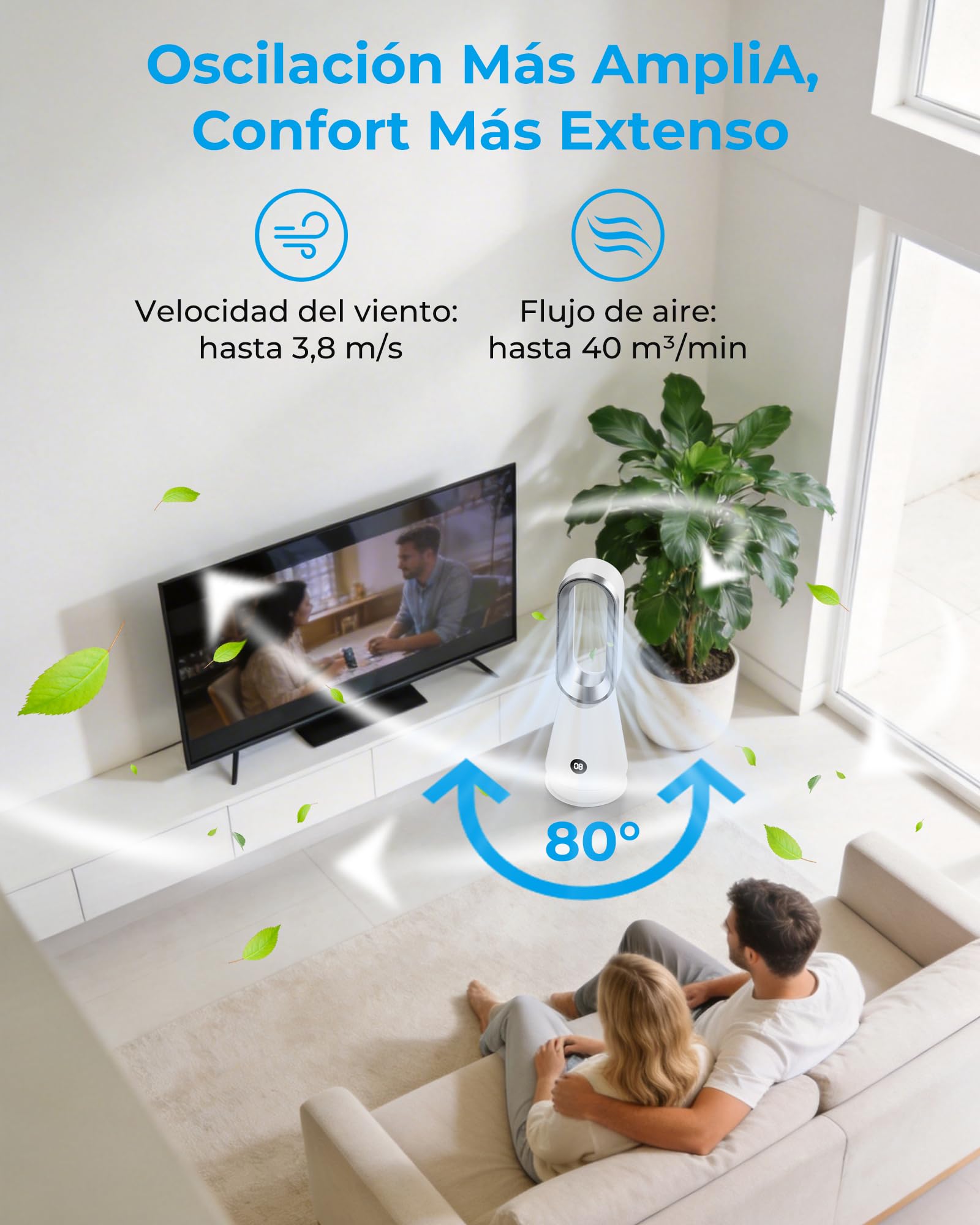 Ventilador de Torre Silencioso sin Aspas,Ventiladores Aire Frio con 8 Velocidades,2 Modos(Sueño,Viento Fuerte),Oscilación 80°,Temporizador 9h,Mando a Distancia,Pantalla LED,32dB Bajo Nivel de Ruido