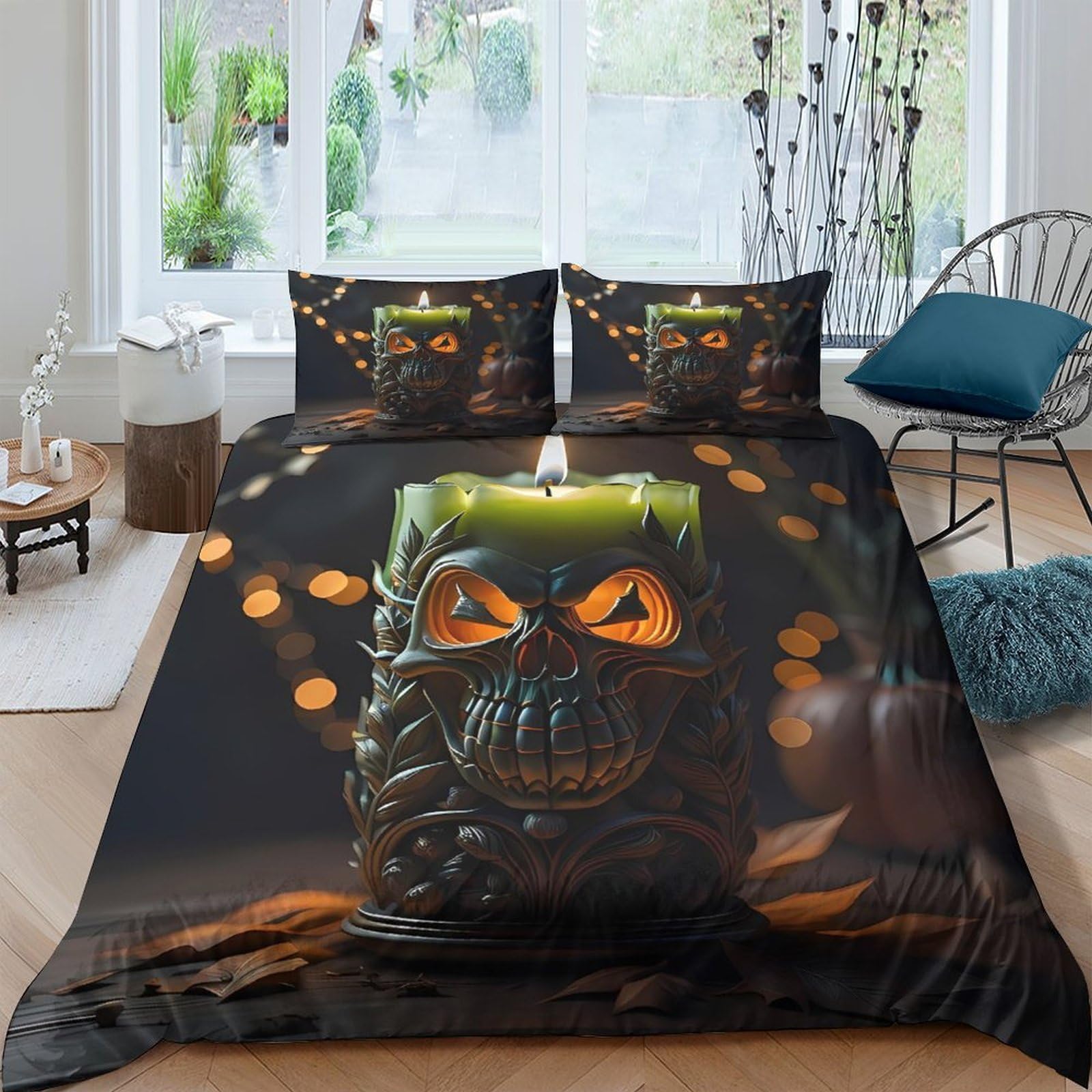 Ctjqhvkz Style-1 3D Printed Halloween Pumpkin Skull Fitted Sheet Microfiber Soft Black Orange Bed Cover For Bedroom Decor Single（135X200cm）