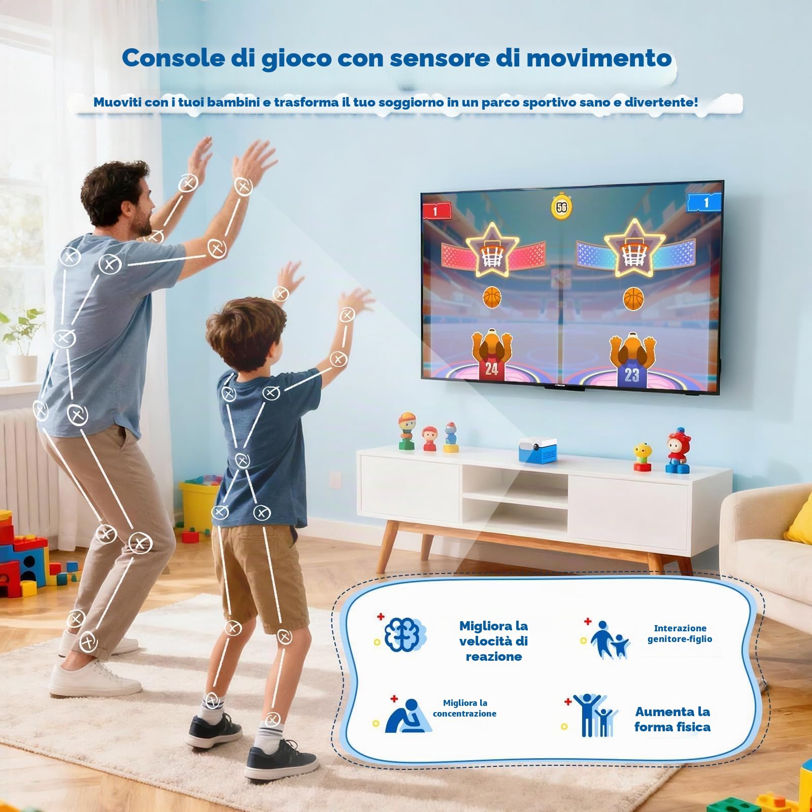 MotionX Console di Giochi a Sensore di Movimento, console interattiva per videogiochi con fotocamera HD, 2 giocatori, 51+ giochi, Senza Abbonamento, Regali per Bambini e Bambine dai 3 Anni in su
