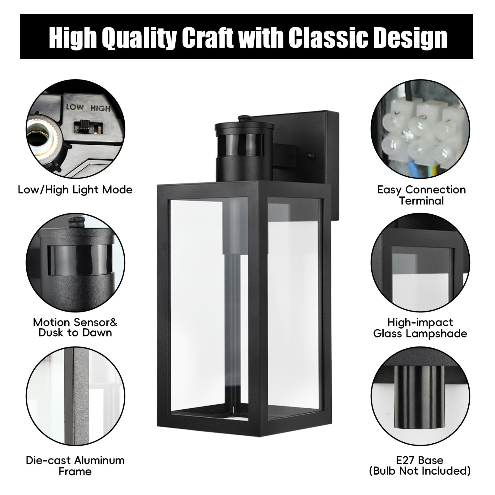 Luces de pared con sensor de movimiento para exteriores, aplique de pared de noche a amanecer, impermeable, soporte de pared para entrada, puerta, garaje, enchufe E27, activado por