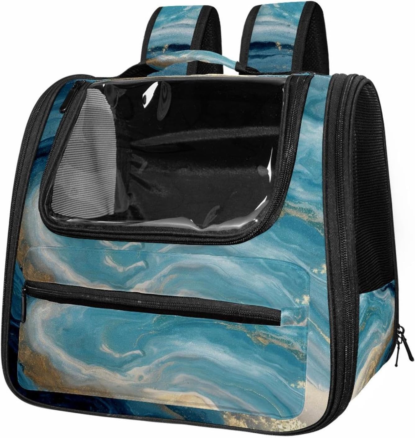Cat Backpack Carrier for Small Dogs Cats, Soft-Sided Pet Carrier Backpack with Ventilated Mesh Windows and Safety Leash, Abstract Blue Marble with Golden Line