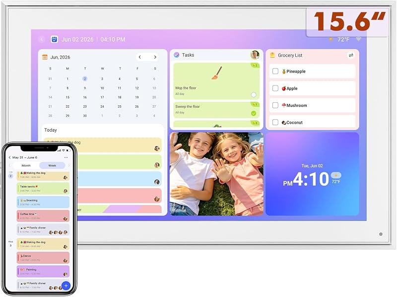 15.6" Digital Calendar - Touchscreen Smart Family Planner & Chore Organizer | Sync Google/iCloud, No Subscription, Chore Chart Reward System, Meal Planner, Digital Photo Frame, Gift for Mom, White