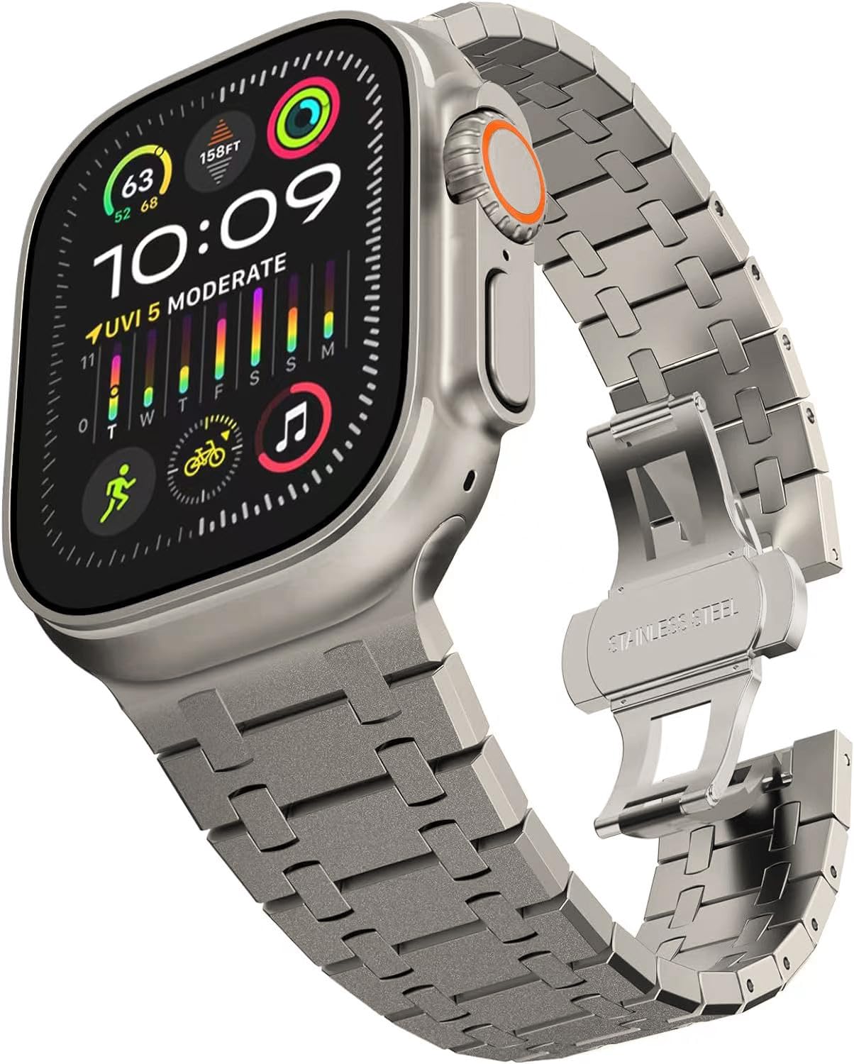 VeveXiao Stainless Steel Band Compatible with Apple Watch Ultra 2 Band 49mm 45mm 44mm 42mm Metal Link Bracelet with Butterfly Clasp for iWatch Series 9/8/7/SE2/6/5/4/3/2/1 Men Women Strap , Flash Titanium