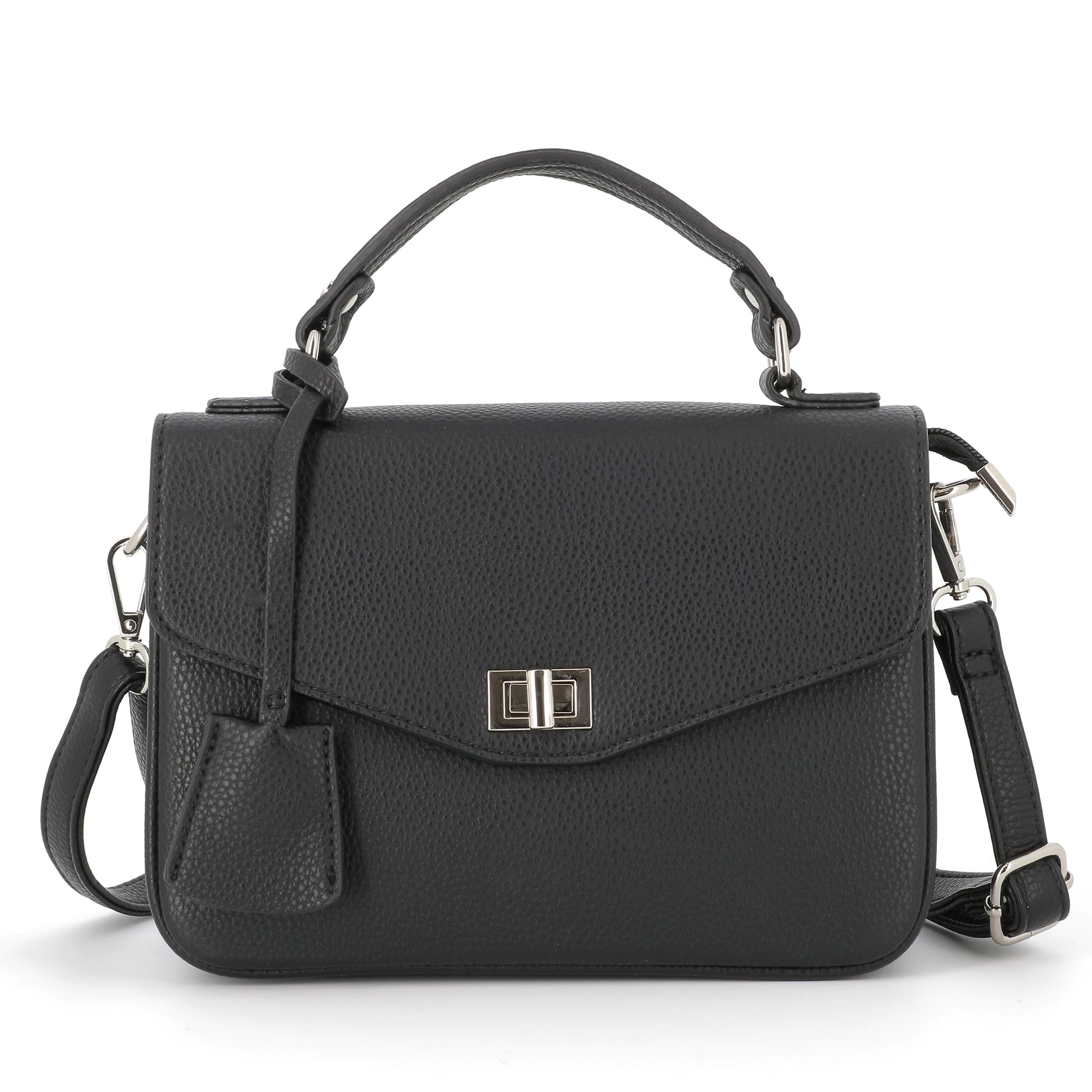 FLORA CO PARIS Sac A Main avec Bandoulière pour Femme - Sacoche A Tourniquet en Similicuir Grainé - Besace Cartable Ville Taille Moyen - Elégant Tendance
