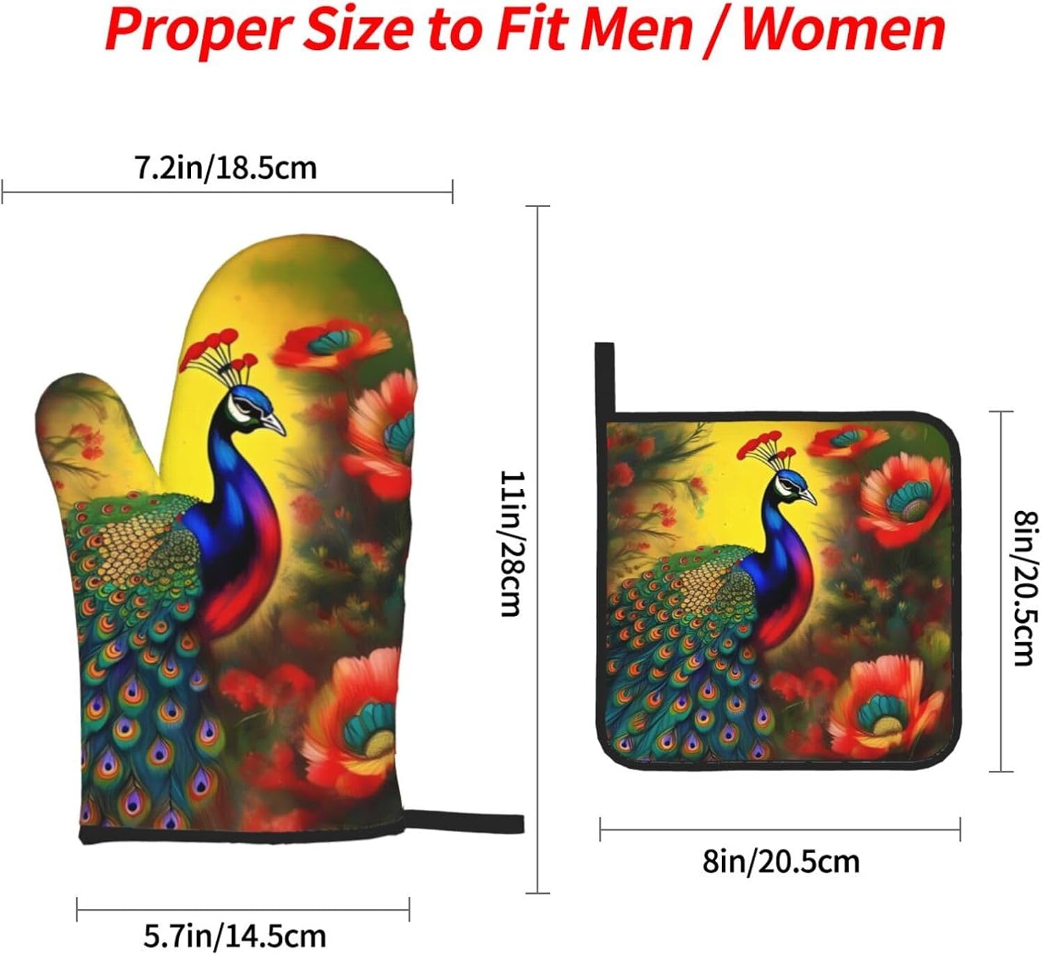 Peacock flowers Oven gloves and heat-resistant mat 4-piece set. Suitable for grilling, microwave oven frying, and baking