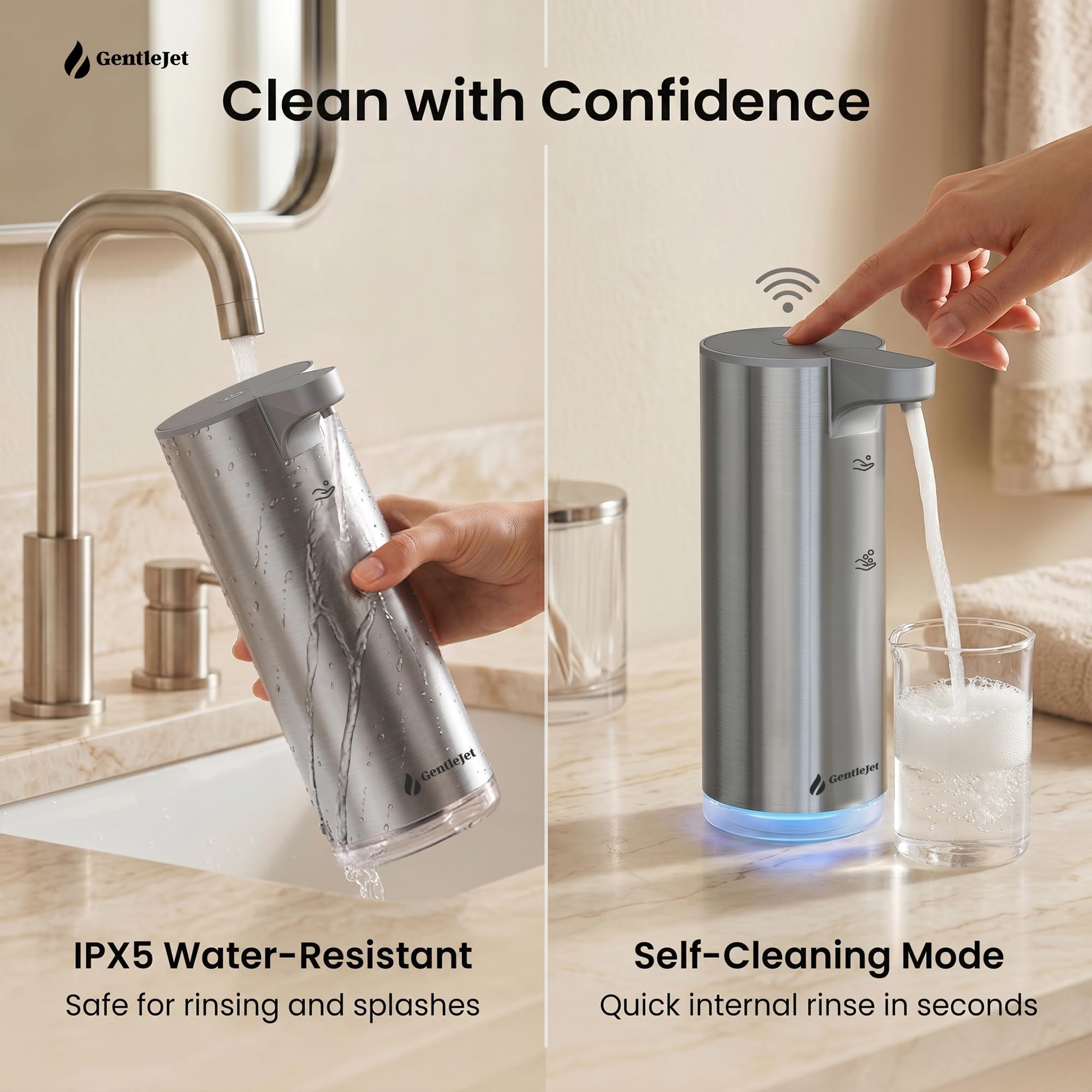 GentleJet EasyFoam Automatischer Schäumender Seifenspender, Berührungslose USB-C Wiederaufladbare Sensorpumpe, 304 Edelstahl, Verstellbarer Schaum, IPX5 Wasserabweisend für Bad & Küche, 295.7 ml