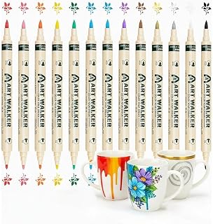 Porzellanmarker, 12 Farben – Wasserfeste Keramikmarker, Strichstärke 1,0–5 mm, geeignet für Porzellan, Glas, Stein und Tassen – Acrylmarker für DIY-Muster, Bastelarbeiten und Geschenkideen