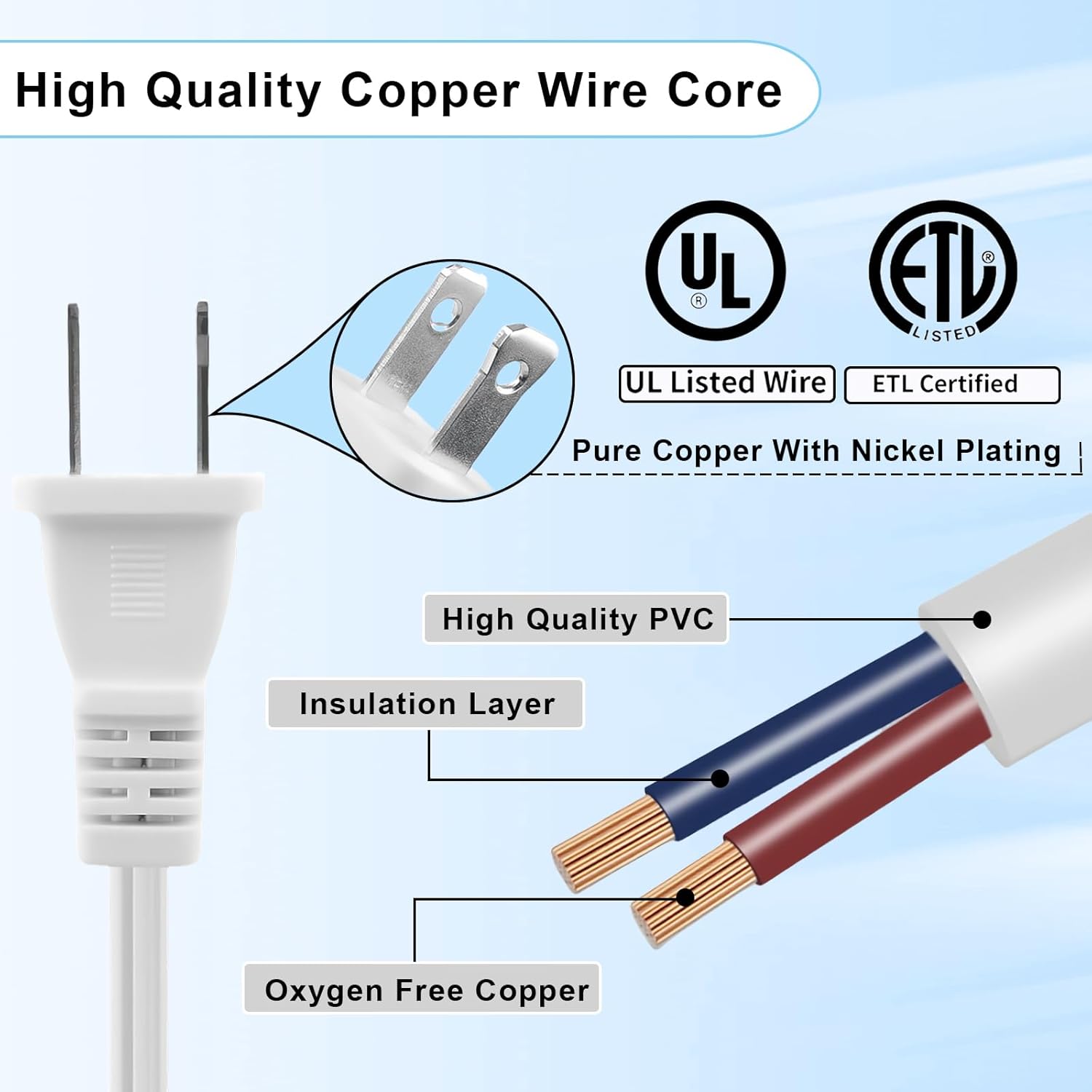 5Pack Extension Cord 10 FT, 2 Prong Power Cable for Indoor and Outdoor,US Male/Female Long Extension Cord for NEMA 1-15P to NEMA 1-15R