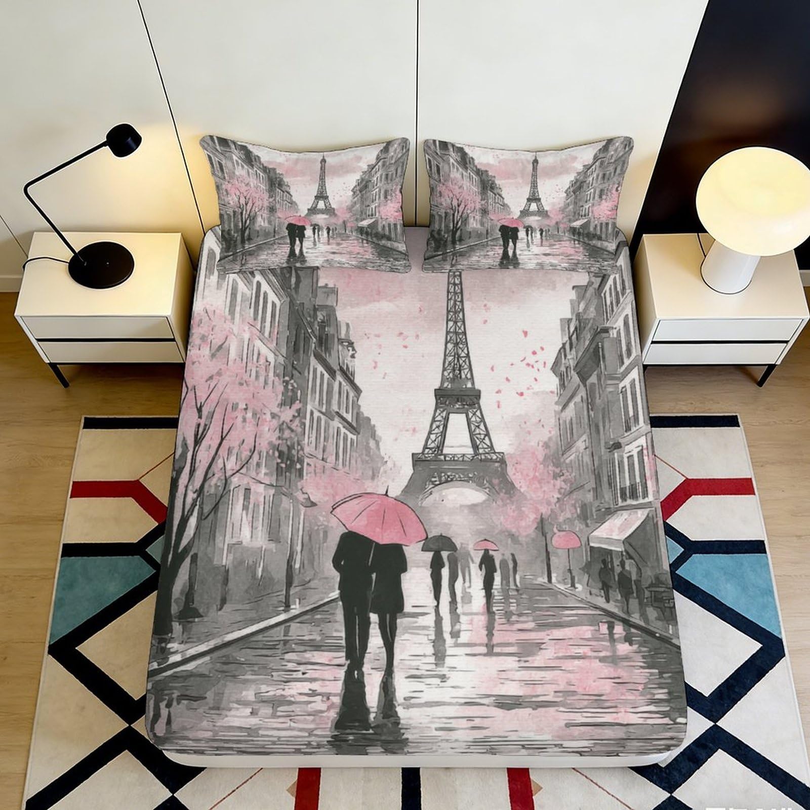 3D Printed Paris Street View Fitted Sheet Microfiber Pink Grey Eiffel Tower Bed Cover for Bedroom Guest Room Decor 90x200x25cm