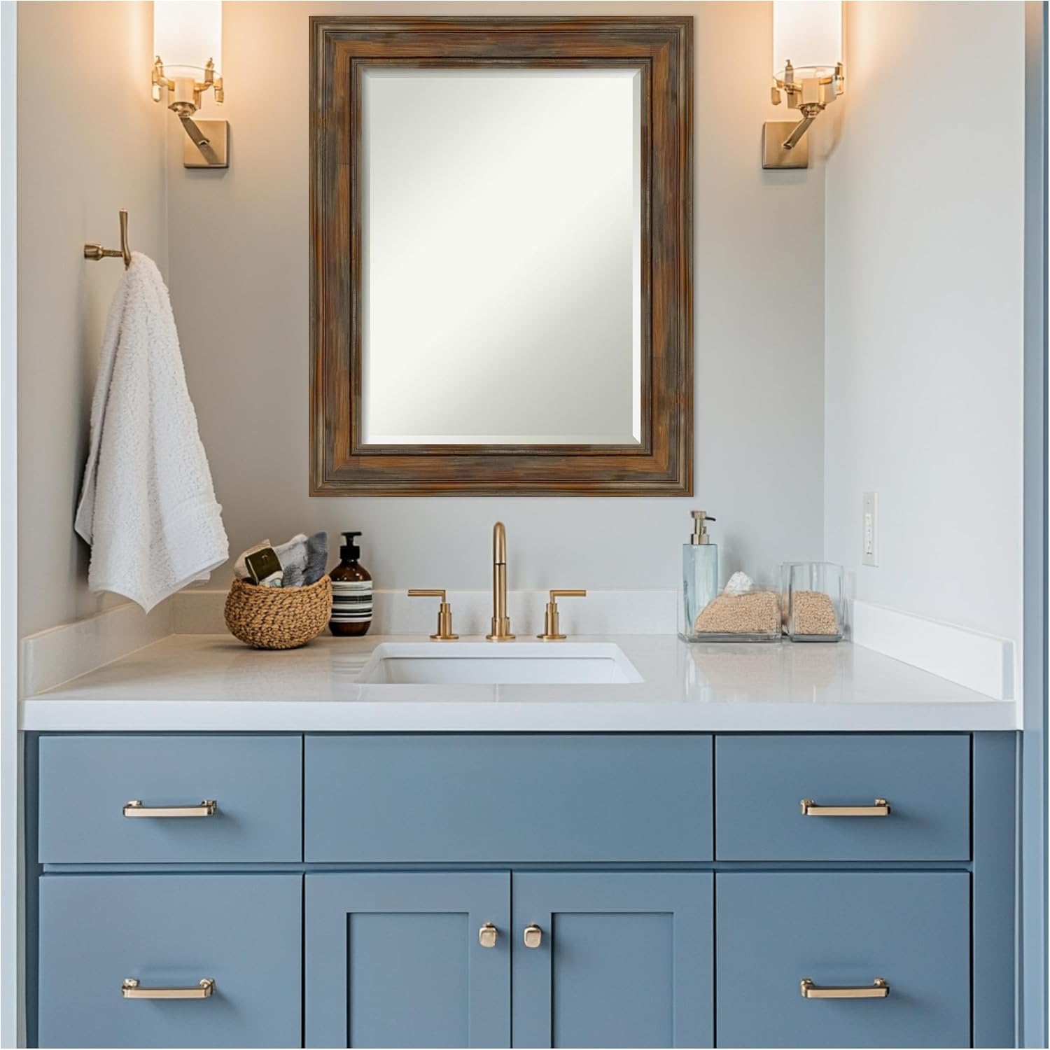 Amanti Art Brown Bathroom Mirror for Over Sink, 30x24 Alexandria Rustic Brown Rectangle Vanity Mirror, Medium Rustic Wood Frame, Hangs Horizonally and Vertically, Bathroom Wall Decor, Beveled Edge