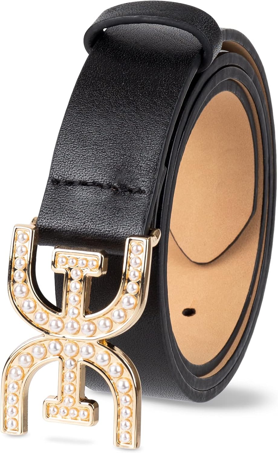 Sam Edelman Women's Imitation Pearl Embellished Double-E Logo Plaque Buckle Leather Belt for Jeans, Dresses and Trousers - Image 3