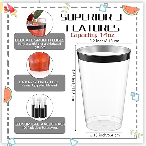 Miniatura 2 de Zubebe 100 vasos de plástico con borde de 14 onzas, vasos de vino desechables transparentes duros con borde, elegantes vasos de cóctel desechables