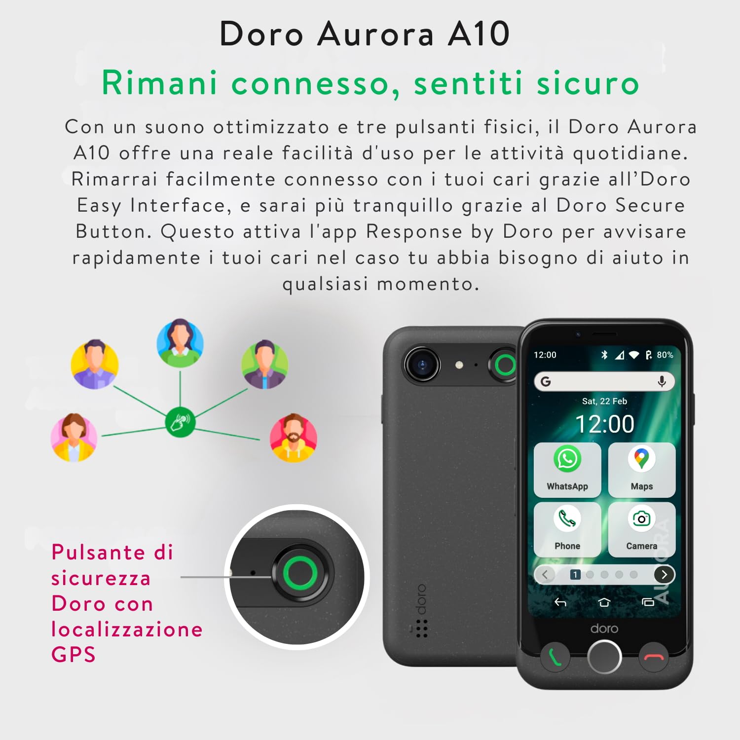 Doro - Smartphone Aurora A10 - Telefono cellulare per anziani - Facile da usare - Tasto assistenza con localizzazione GPS - Compatibile con apparecchi acustici - Cavo USB incluso - Grafite
