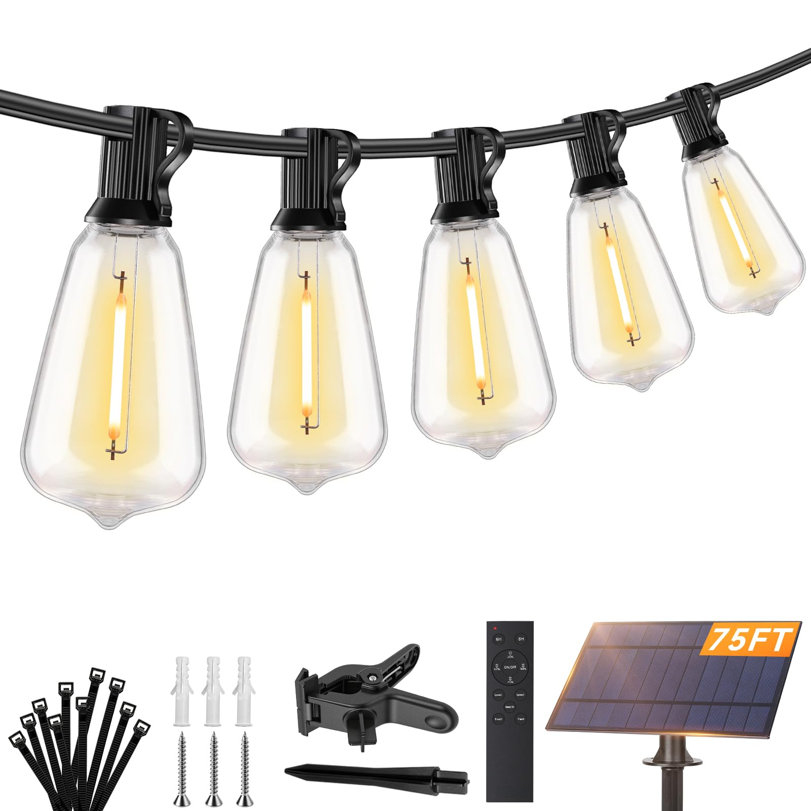 Photo 1 of **used**Brightever 75FT Solar String Lights Outdoor Waterproof with Remote, 34+1 Shatterproof ST38 LED Bulbs, 3 Lighting Modes & Warm White, Dimmable Outdoor Solar Lights for Backyard, Bistro, Deck