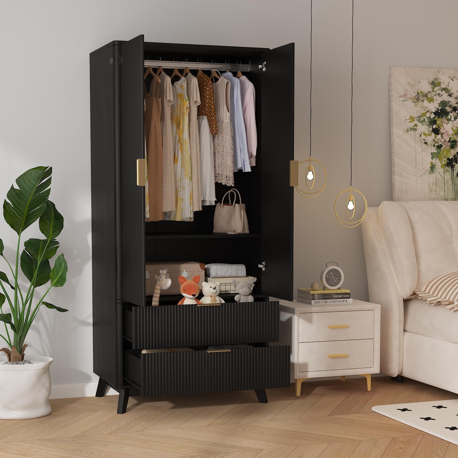 Photo 1 of **Different color Natural*****Garvee 71" Armoire Wardrobe Closet, Modern Wooden Bedroom Armoire with 2 Drawers & 2 Doors and Adjustable Shelves?Clothing Storage Cabinet with Aluminum Hanging Rod, Locker