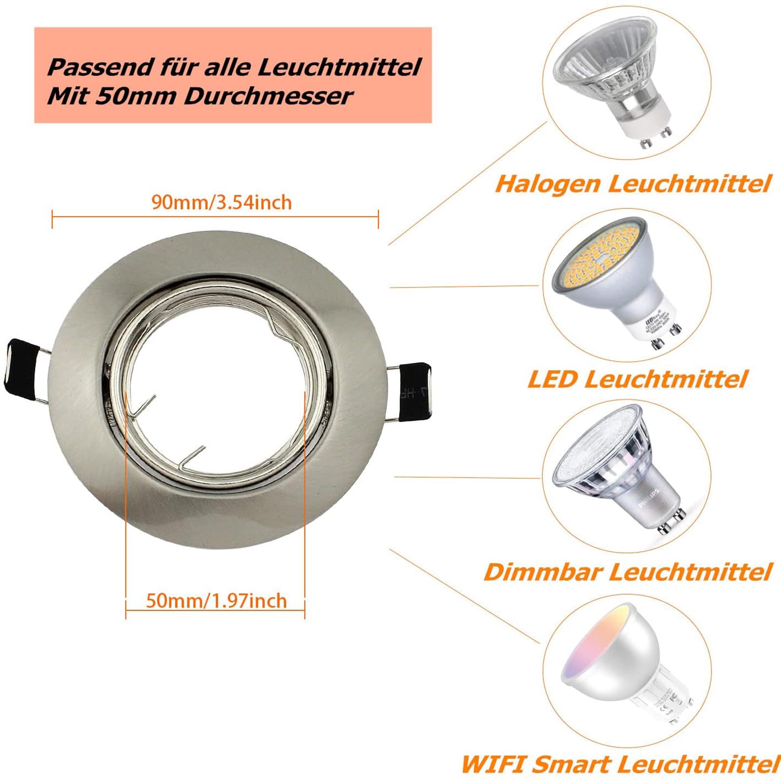 10er LED Einbaustrahler GU10 Set Einbaurahmen Rund Einbauleuchten 68mm Deckenspots Edelstahl Gebürstet Optik Inkl. GU10 Fassung für LED oder Halogen Leuchtmittel, 30° Schwenkbar