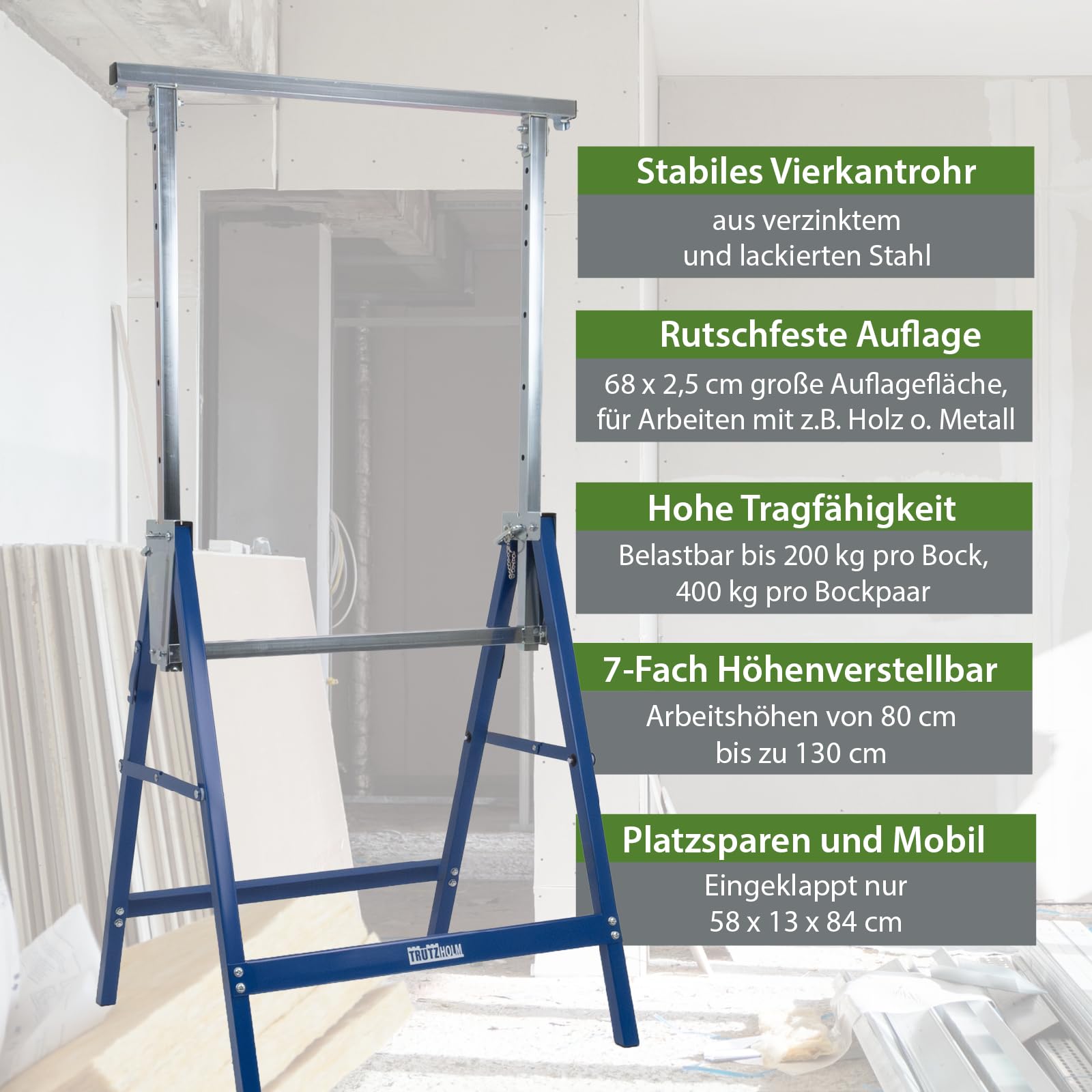 TRUTZHOLM Arbeitsbock 2x 7-fach höhenverstellbar 80-130 cm bis 400 kg Stahl verzinkt lackiert blau Klappbock Gerüstbock Unterstellbock