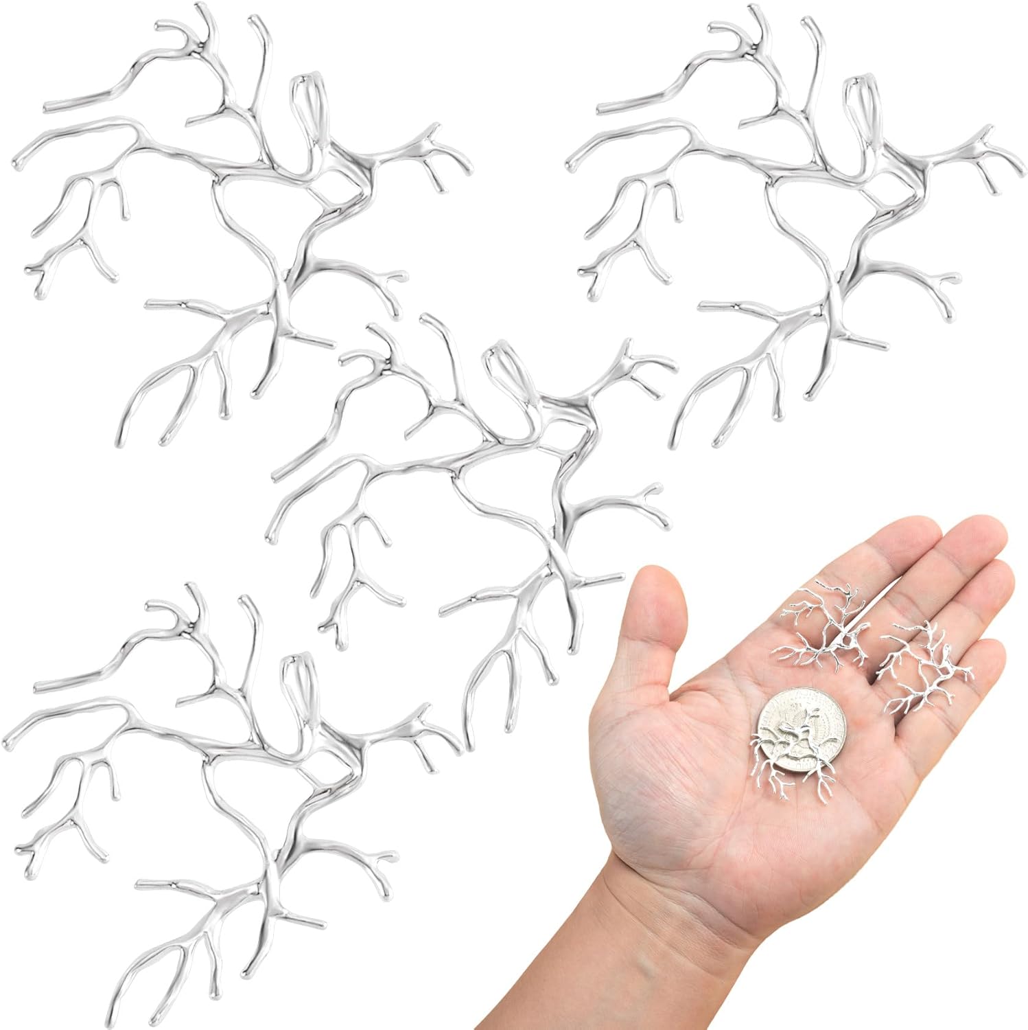 4pcs Branch Shape Blanks for Jewelry Making, Hypoallergenic Brass Claw Pendant Trays, Adjustable Branch Base Prong Pendant Bezels for Necklace Bracelet Earrings DIY Crafts- Silver