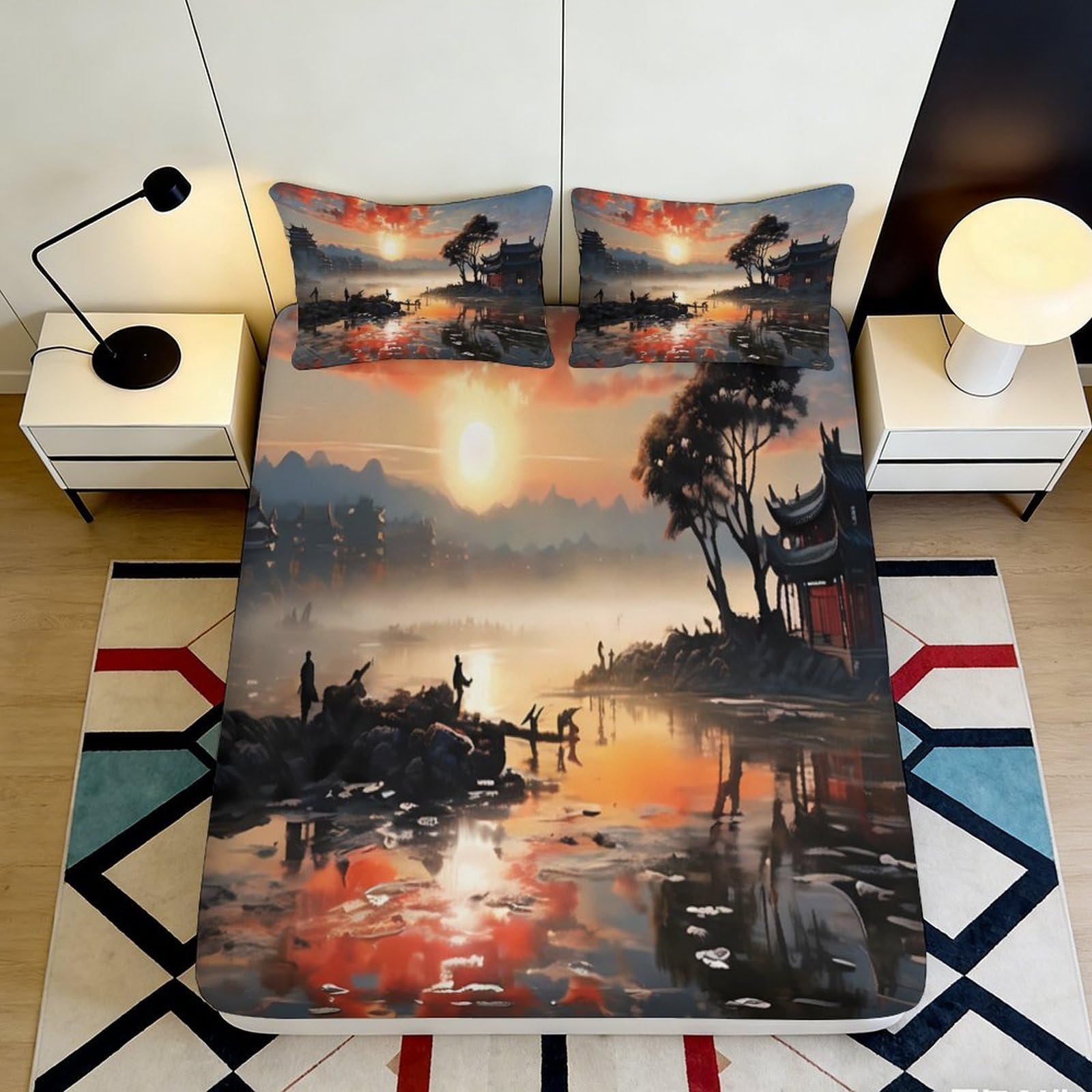 Dhbaneiok Style-2 3D Printed Sunset Lake Fitted Sheet Microfiber Artistic Sunrise Boat Mattress Cover For Bedroom Guest Room Decor 90X200x25cm