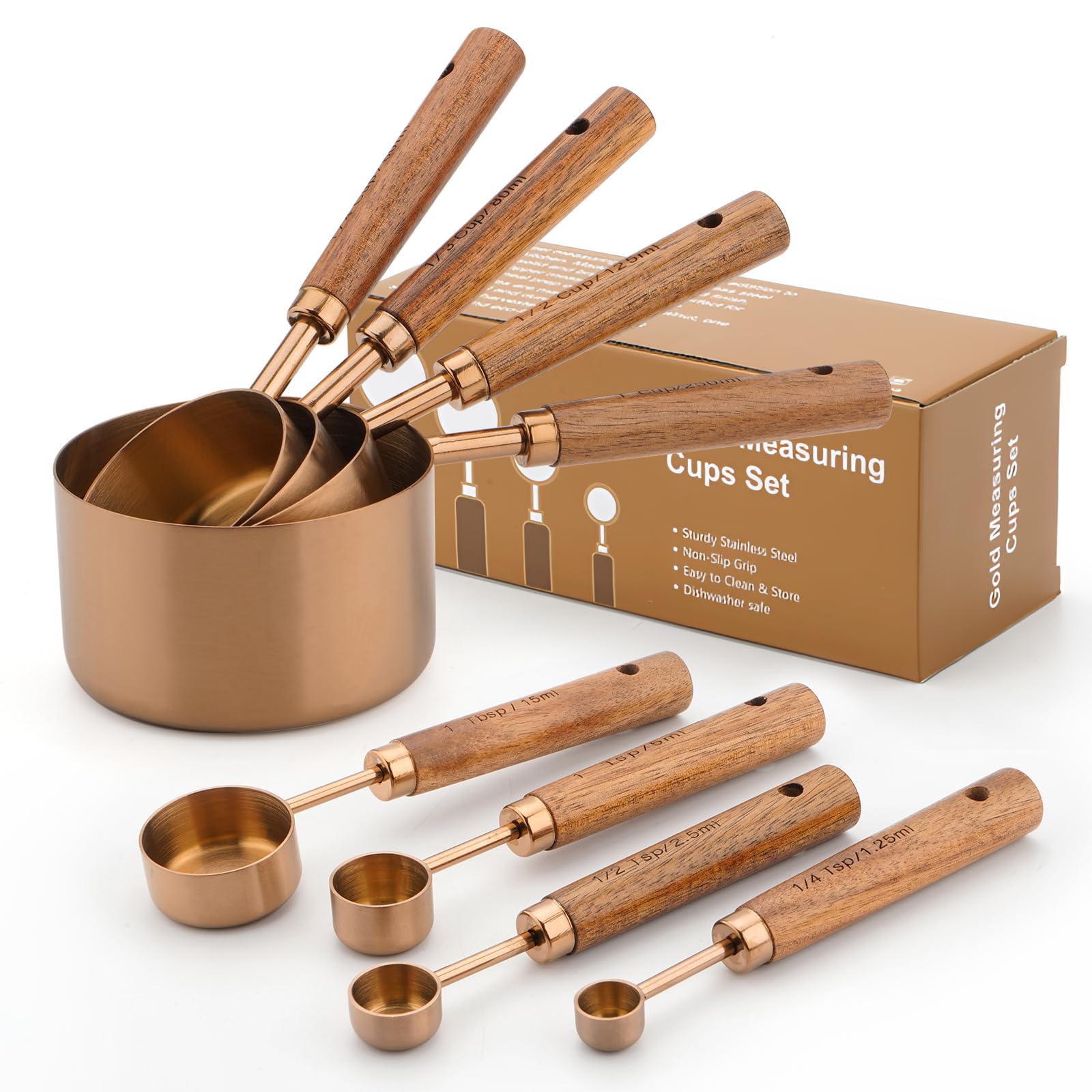 SHIKORI Gold Measuring Cups and Spoons Set with Wood Handles, Premium Stainless Steel Measuring Spoons and Measuring Cups Set, For Cooking and Baking