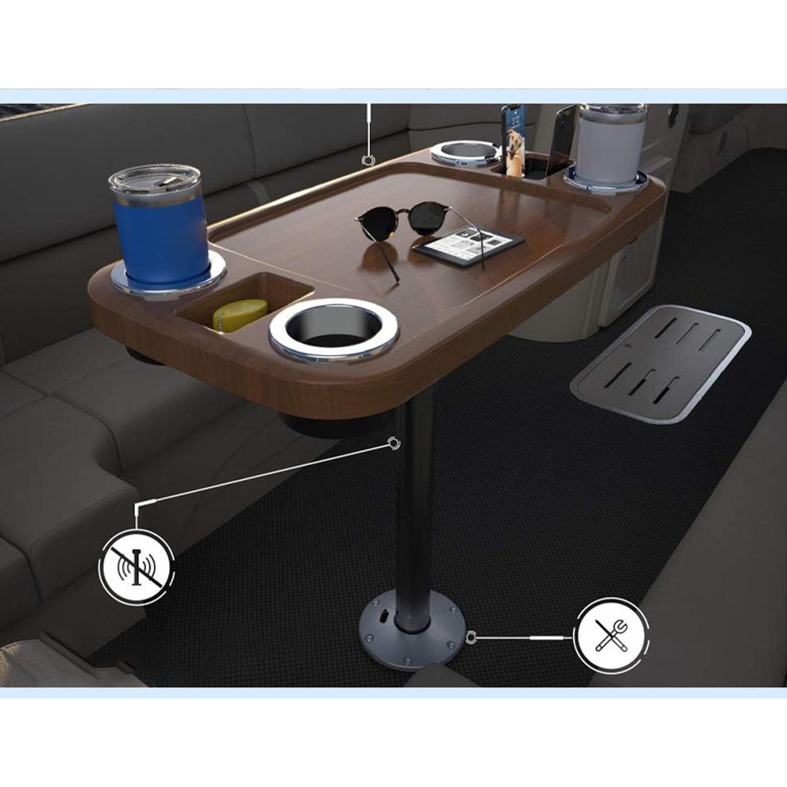 Aramox Tavolo da Barca, Tavolino da Barca Staccabile in Lega di Alluminio da 86,5x44x75 Cm con 4 Portabevande, 2 Supporti per Telefono e Uscita di Scarico per Yacht RV