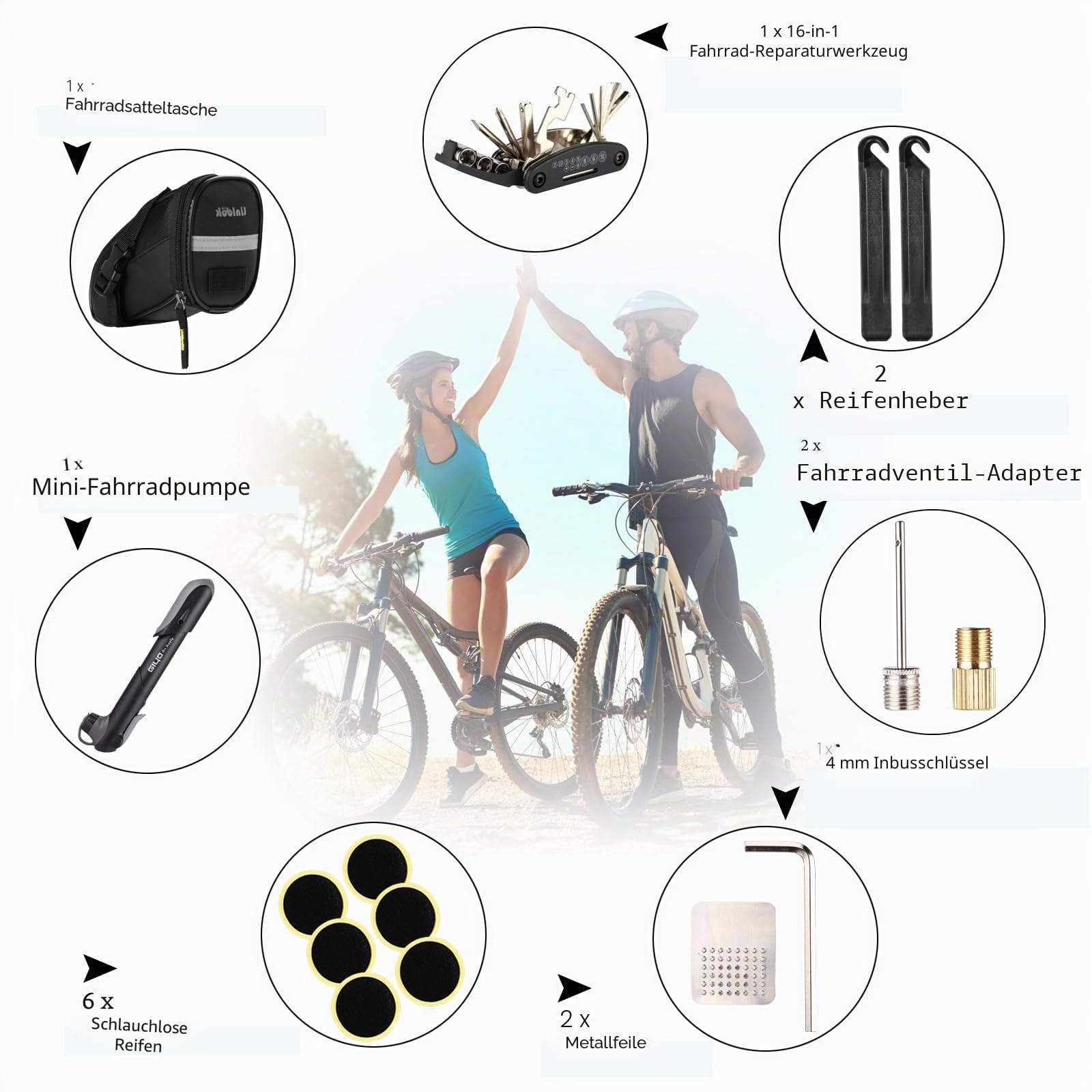 Fahrrad Satteltasche Reparatur Set und Werkzeuge - Unterwegs Fahhradtasche und Notfallwerkzeug Flickzeug mit 16-in-1 Fahrrad Multitools, Fahrradpumpe, Reifenheber, Leimfreie Reifen,Fahrradventil
