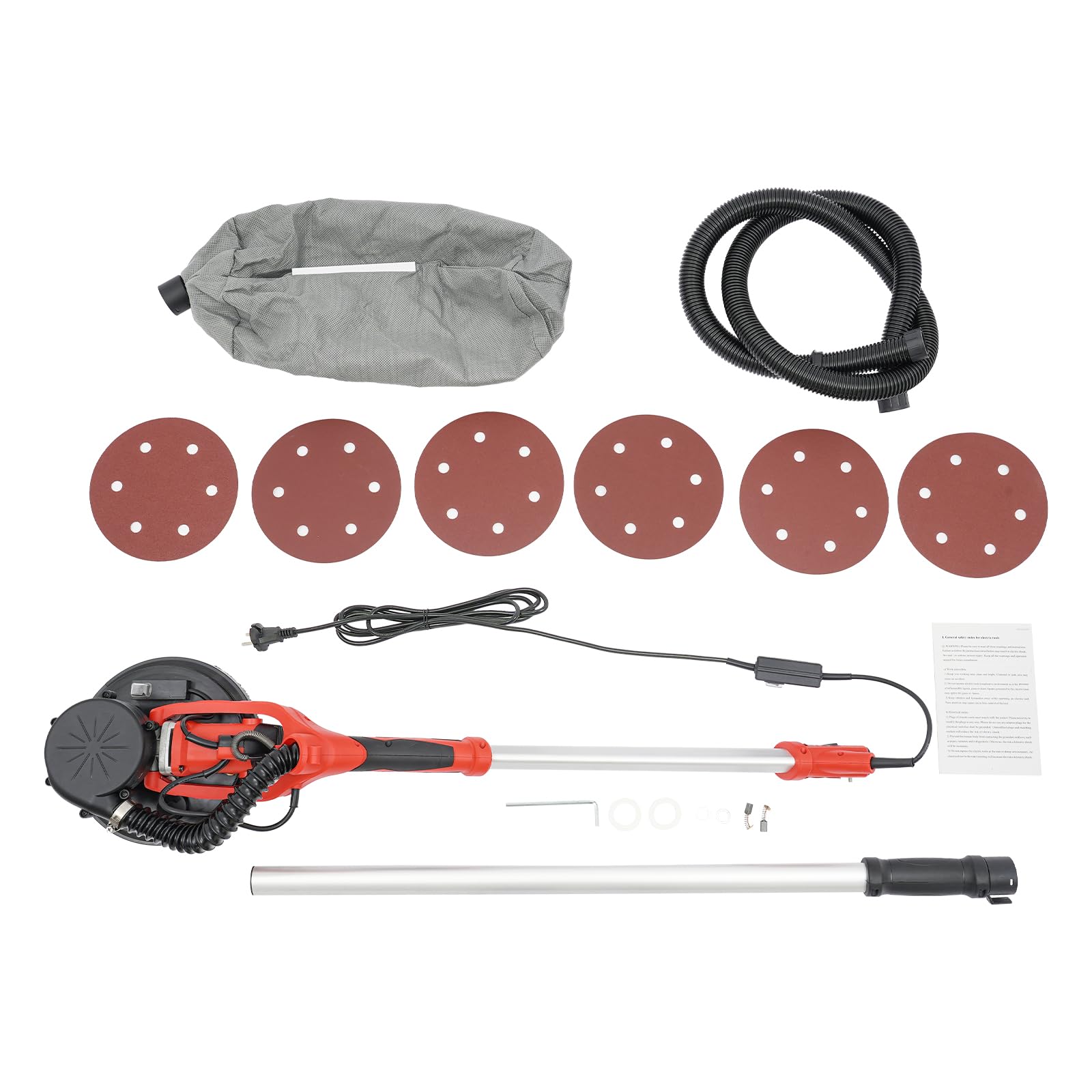 Lijadora para paneles de yeso, 800-1800 rpm, 6 velocidades, lijadora de pared ajustable, 1,2 – 2,2 m con disco de 255 mm, lazo LED, longitud, lijadora con aspiración, rojo