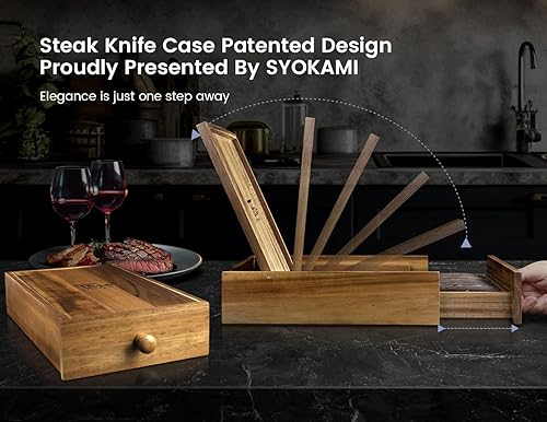Miniatura 2 de Juego de 6 cuchillos para carne con organizador de cajones, 4.8 pulgadas de alto carbono, estilo japonés sin dentar, con mango de madera, diseño de