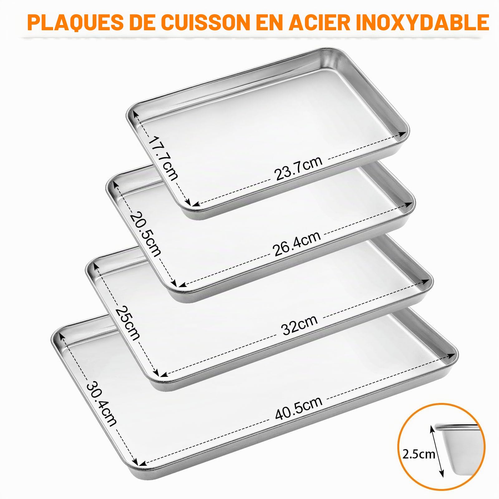 Lot de 4 plaques de cuisson, Essentials Sets de plateaux de four en acier inoxydable, Plateaux de four rectangulaires faciles à nettoyer pour la cuisson et la cuisine, non toxique, sans rouille