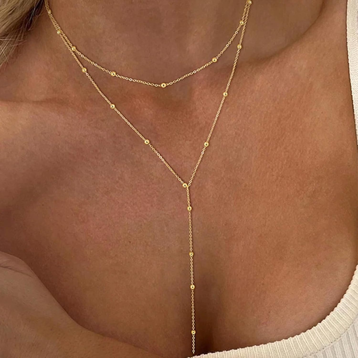 Gold Choker Necklace for Women Dainty Y-Shaped Long Necklaces for Women Layered Snake Chain Beaded Pendant Statement Necklace Simple Gold Jewelry Gift - Image 3