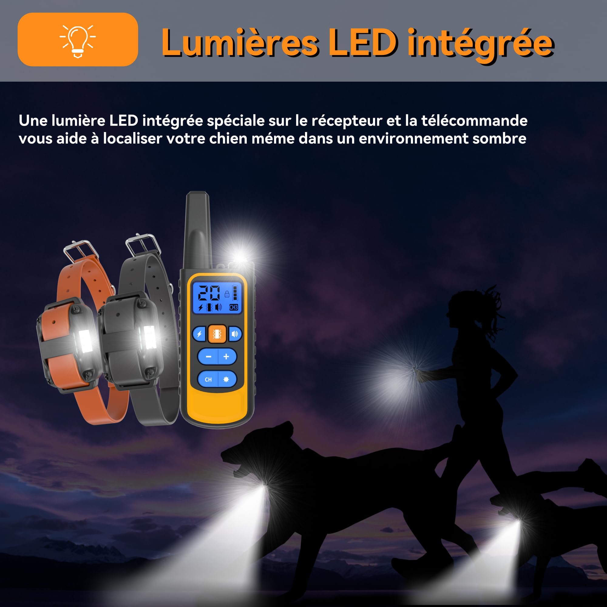 Meloive Collier de Dressage pour Deux Chiens,Collier Rechargeable avec Contrôle Manuel Portée 3000 Mètres,4 Modes d'Entraînement Choc Électrique/Sonore/Vibration/Lumière,IPX67 Résistant à l'eau