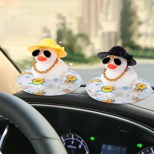 Miniatura 5 de wonuu Anilla de natación de patos blancos con cristales de diamante, patos de goma con mini sombrero, collar para decoración de salpicadero, adornos