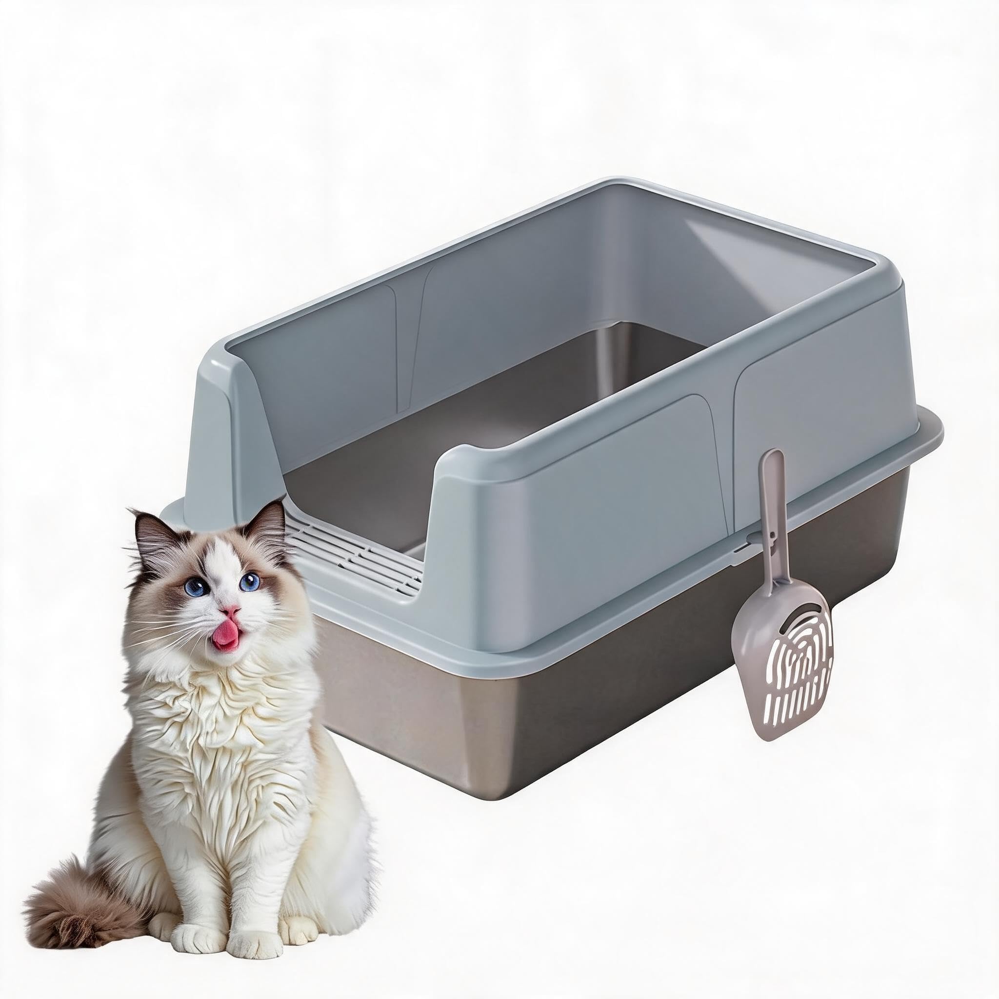 Acekool Odor-Resistant & Non-Stick Stainless Steel Cat Litter Box with High Enclosed Sides and Lid – Easy Clean, Leak-Proof, Dog Proof, Durable Metal Tray – Large Size for Cats – Grey, 60x40x31.5CM
