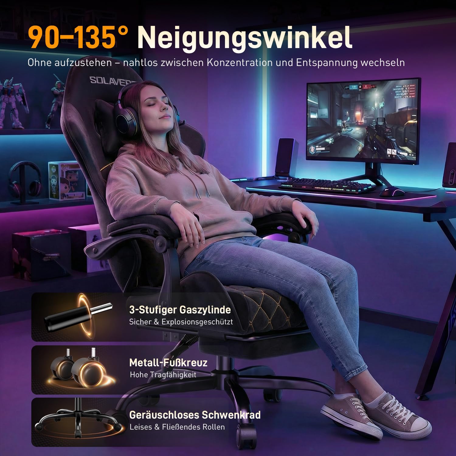 HLONONE Gaming Stuhl Stoff, Massage Gaming Chair, Atmungsaktiver Wildlederimitat Gamer Stuhl, So Weich Wie Pelz, Ergonomischer Bürostuhl mit Fußstütze, Kopfstütze und Lendenkissen, PC Stuhls Schwarz
