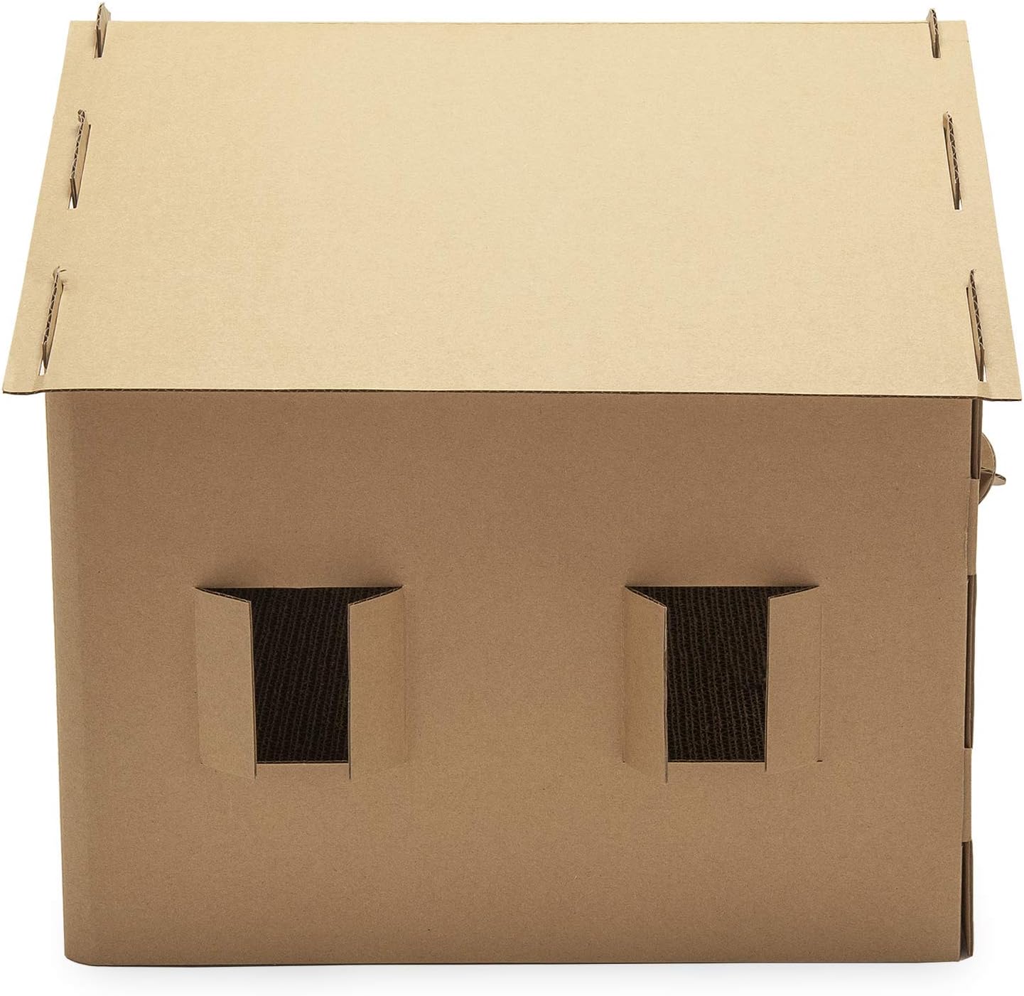Furhaven Cardboard Cat House Gingerbread House, Cat Hideout Scratcher with Detachable Hanging Toys