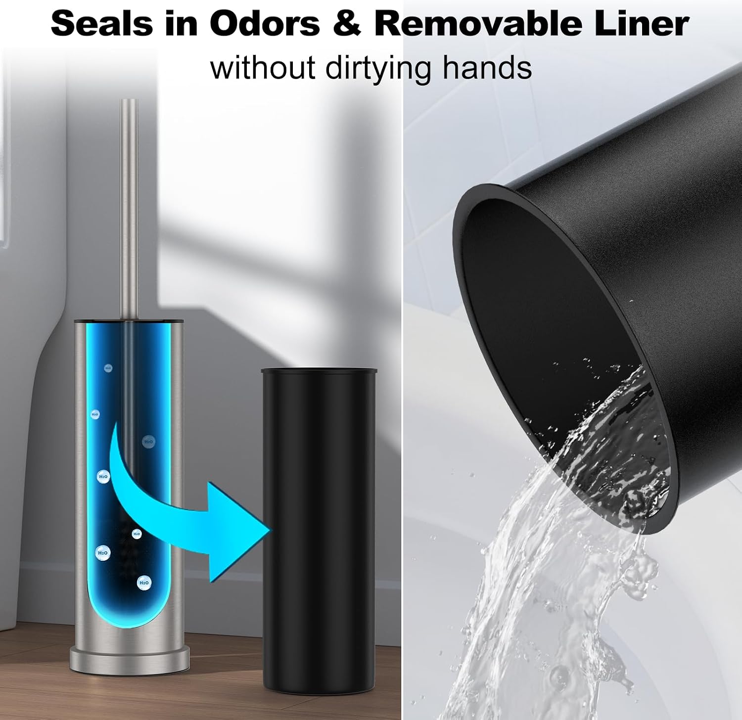 Stain Nickel Toilet Brush and Holder Set，Stainless Steel Heavy Duty Toilet Bowl Brush，Extra Long Handled Modern Toilet Cleaner Brush with Replaceable Head, Removable Inner Bowl, and Splash Protection