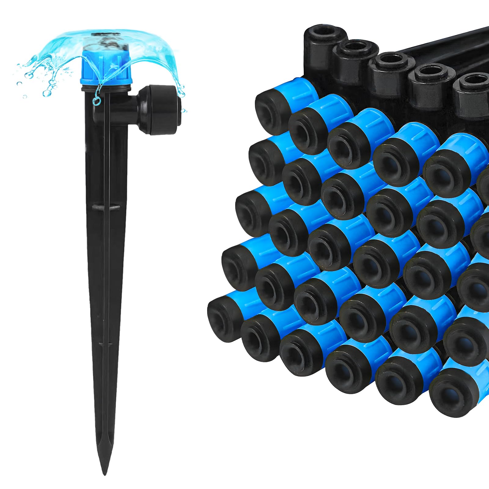 30 emisores de riego por goteo de conexión rápida Vortex para tubos de 1/4 pulgadas, flujo de agua ajustable de 360 grados en forma de ventilador, emisor de pulverización en estaca de 5
